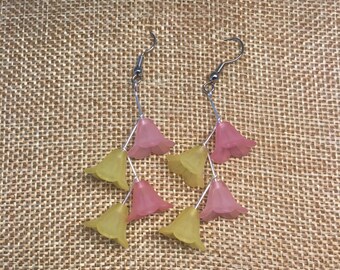 Pink and Yellow Lucite Flowers Floating Earrings
