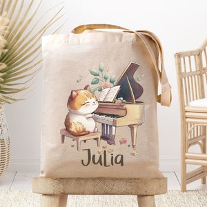 Music Tote Bag Personalized Tote Bag Piano Cat Tote Bag Music and Cat Themed Gift Tote Bag Piano Lesson Piano Teacher Gift Piano Student