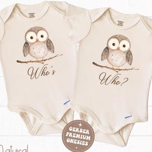 Twin Onesies® Who&#39;s Who Funny Owl Twin Shirts in Baby, Toddler and Youth Sizes Funny Baby Shower Gift for Twins Pregnancy Announcement