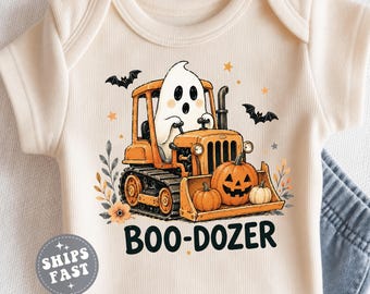 Halloween Boo Shirt Baby ONESIES® brand bodysuit: Halloween Construction Shirt Boy Ghost Bulldozer Toddler Outfit for Halloween