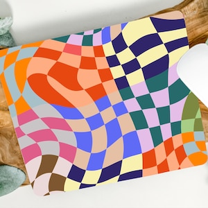 Retro Checkered Mouse Pad Cute Unique Abstract Wavy Geometric Mousepad Square Colorful Groovy Aesthetic Desk Mat Cool Small Round Mouse Pad