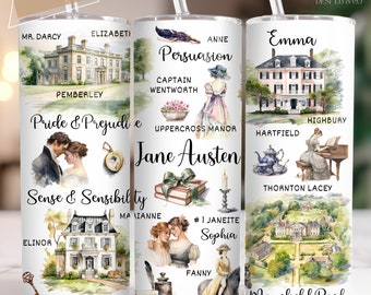 May include: A white tumbler with illustrations of houses, characters, and text from Jane Austen novels. The text includes "Pride & Prejudice", "Sense & Sensibility", "Persuasion", "Emma", and "Mansfield Park".
