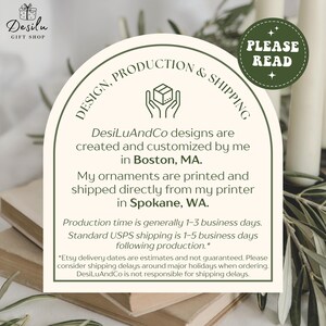 May include: A cream-coloured card with text about design, production, and shipping. The card has a green circular element that says "PLEASE READ". The text includes the shop name, DesiLu, and mentions Boston, MA, and Spokane, WA.