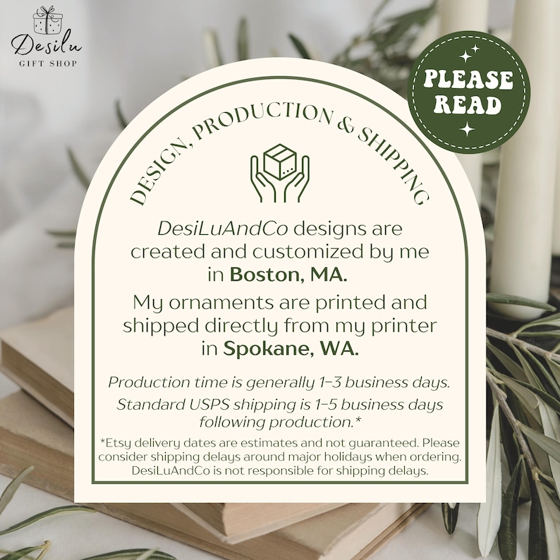 May include: A cream-coloured card with text about design, production, and shipping. The card has a green circular element that says "PLEASE READ". The text includes the shop name, DesiLu, and mentions Boston, MA, and Spokane, WA.