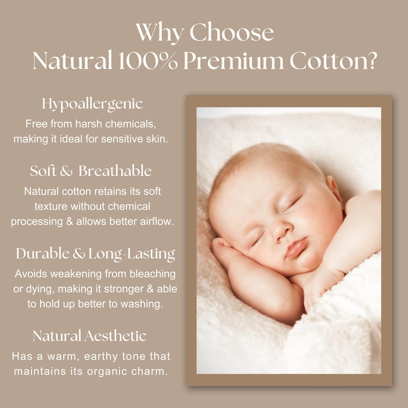 May include: A sleeping baby wrapped in a white blanket, with the text "Why Choose Natural 100% Premium Cotton?" and descriptions of its benefits: hypoallergenic, soft & breathable, durable & long lasting, and natural aesthetic.