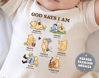 God Says I Am Baby Christian Onesie® Bear and Piglet Faith Newborn Apparel Scripture Infant Gift