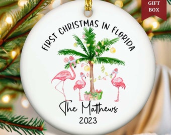 First Christmas In Florida Ornament Personalized New Neighbor Gift, Custom Christmas Florida Ornament, Tropical Flamingo Christmas Ornament