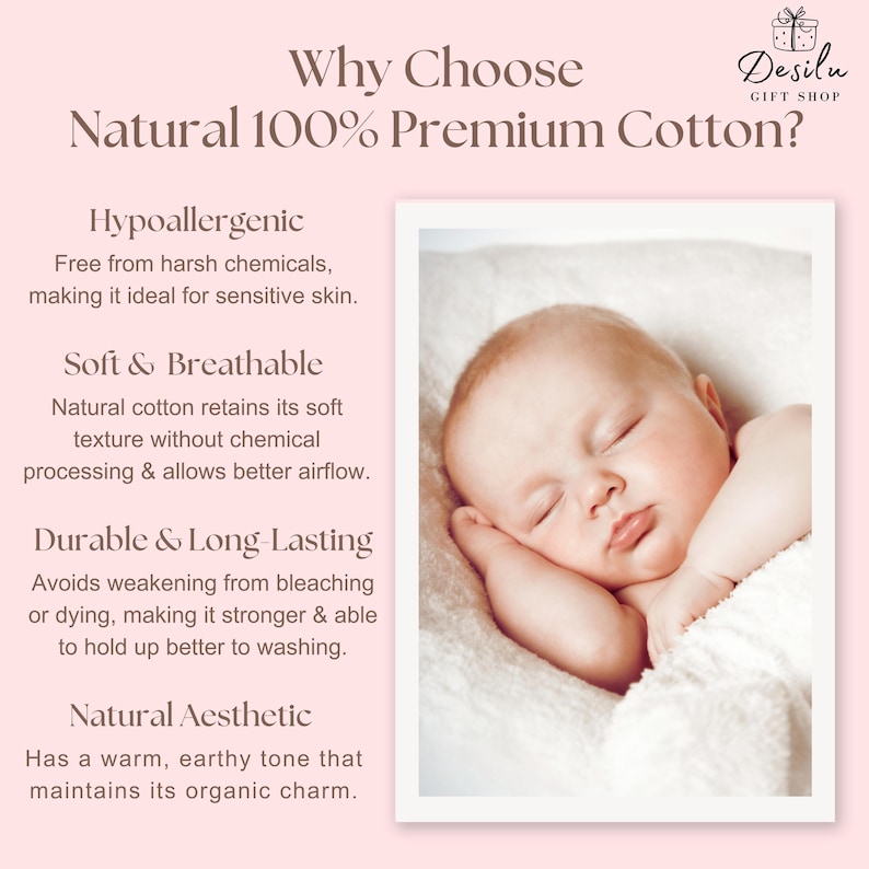 May include: Image features a sleeping baby wrapped in a white blanket. Text overlay reads "Why Choose Natural 100% Premium Cotton?" with benefits like hypoallergenic, soft, breathable, durable, and natural aesthetic. The Desilu Gift Shop logo is in the top right.