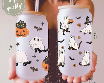 Ghost Cat Glass Tumbler Personalized Halloween Pumpkin Cat Glass Cup with Lid and Straw Spooky Cat Halloween Gift Halloween Iced Coffee Cup