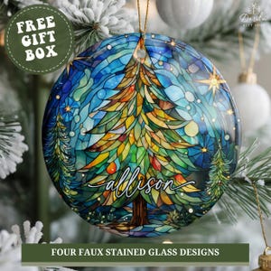 2025 Christmas Ornament Personalized Ceramic Snowman Ornament Faux Stained Glass Christmas Tree Decoration Poinsettia Ornament with Gift Box