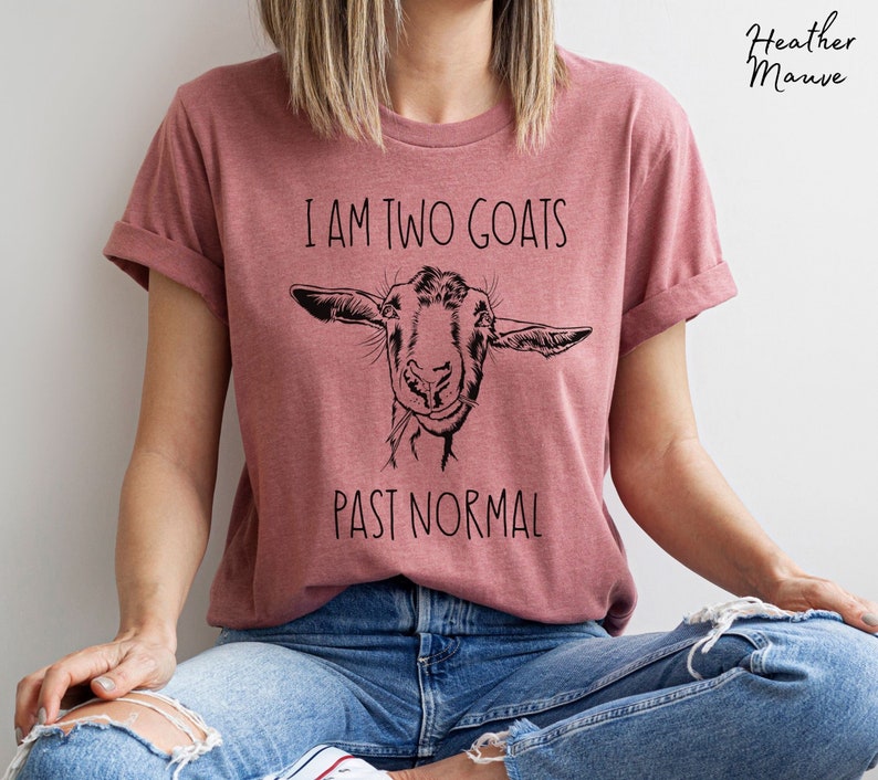 May include: A heather mauve t-shirt with a black and white illustration of a goat's head and the text "I am two goats past normal".