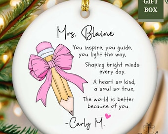 Teacher Ornament Personalized Teacher Appreciation Ornament Custom Teacher Coquette Gift Keepsake Teacher Thank You Gift Student Elementary