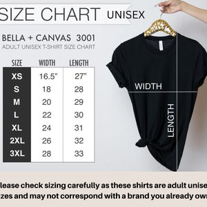 May include: Size chart for Bella + Canvas 3001 unisex t-shirts. The chart shows the width and length measurements in inches for sizes XS to 3XL.