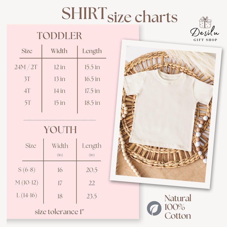 May include: A cream-colored t-shirt displayed on a woven surface, next to a shirt size chart. The chart lists toddler and youth sizes with width and length measurements in inches. The shirt is made of 100% natural cotton.