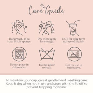 以下が含まれることがあります： カップのケアガイド。中性洗剤と柔らかいスポンジで手洗いしてください。保管する前に完全に乾かしてください。食器洗い機、水に浸す、電子レンジの使用はしないでください。