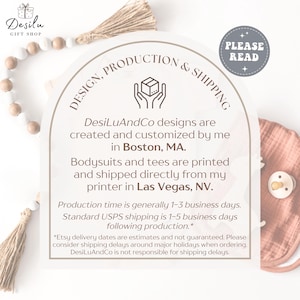 May include: A product information card with the text "DesiLu GIFT SHOP" and details about design, production, and shipping. The card includes text about the design location in Boston, MA, and printing and shipping from Las Vegas, NV.