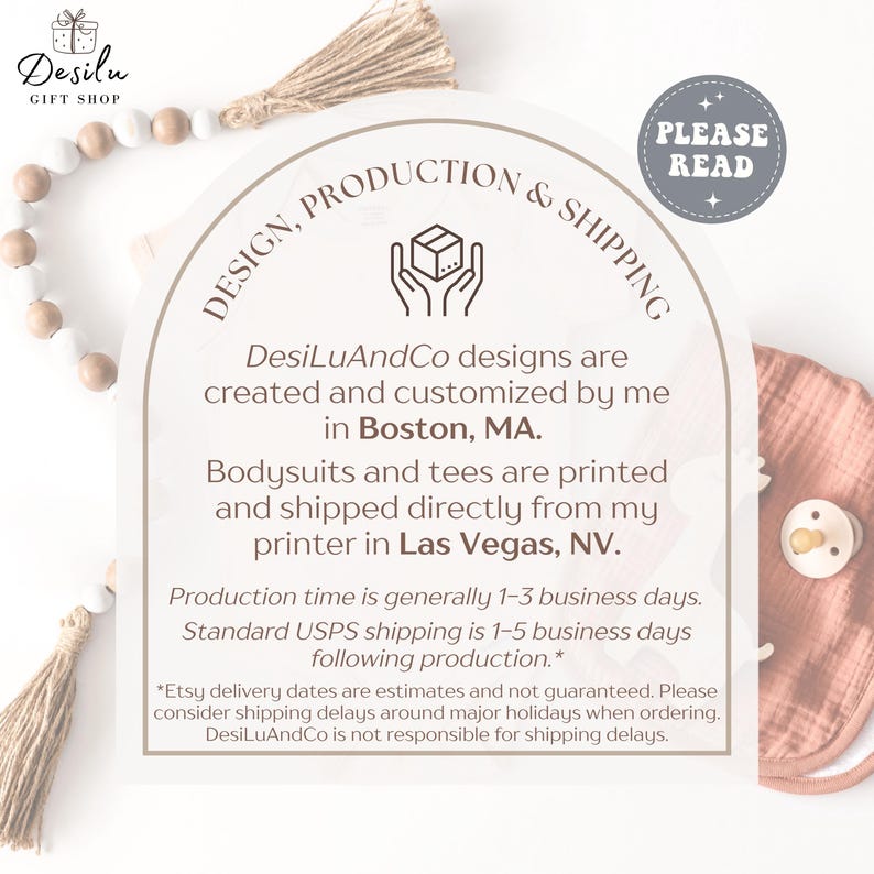 May include: A product information card with the text "DesiLu GIFT SHOP" and details about design, production, and shipping. The card includes text about the design location in Boston, MA, and printing and shipping from Las Vegas, NV.