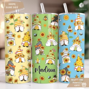 Sunflower Gnome Tumbler Personalized, Sunflower Bee Gnome Tumbler Cup with Straw, Gnome Sunflower Tumbler Gift For Gnome Lover, Gnomies Mug