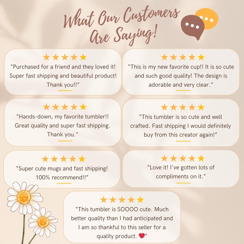 May include: A collage of customer reviews for a shop selling mugs, tumblers, and cups. The reviews highlight the quality, speed of shipping, and cuteness of the products. The reviews include phrases like "super cute", "great quality", "fast shipping", and "adorable".