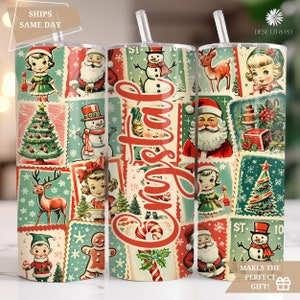 Personalized Christmas Tumbler Cup, Retro Christmas Tumbler, Cute Christmas Travel Coffee Mug Insulated, Vintage Stamp Christmas Travel Cup