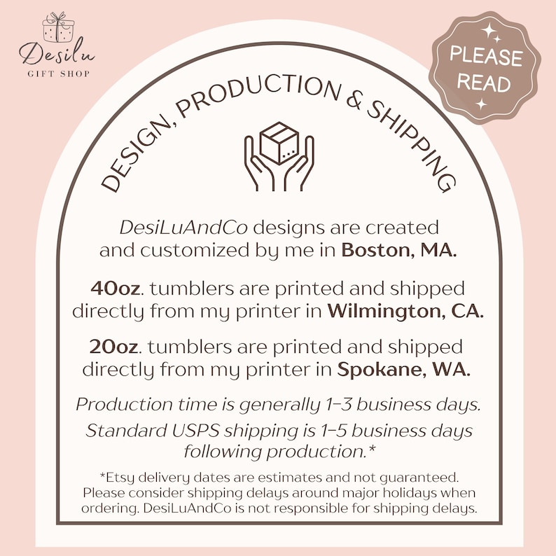 Pu&ograve; includere: Una grafica color crema con testo sul design e la produzione di bicchieri. Il testo indica che i design sono creati a Boston, MA, e i bicchieri sono stampati a Wilmington, CA e Spokane, WA. La grafica include anche il testo "PLEASE READ".