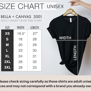 May include: Size chart for Bella + Canvas 3001 unisex t-shirts. The chart shows the width and length measurements in inches for sizes XS to 3XL.