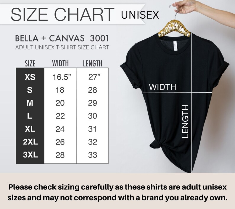 May include: Size chart for Bella + Canvas 3001 unisex t-shirts. The chart shows the width and length measurements in inches for sizes XS to 3XL.