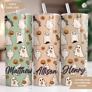Spooky Ghost Travel Cup, Personalized Ghost Tumbler With Name, Custom Halloween Tumbler, Retro Ghost To Go Cup, Ghost Travel Mug for Women