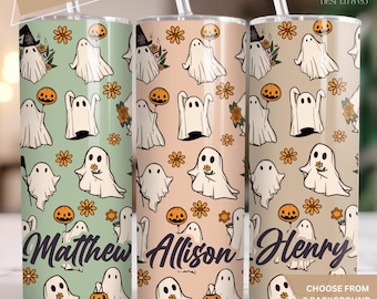 Spooky Ghost Travel Cup, Personalized Ghost Tumbler With Name, Custom Halloween Tumbler, Retro Ghost To Go Cup, Ghost Travel Mug for Women