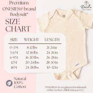 May include: Cream-colored baby bodysuit with a size chart. The chart lists sizes from 0-3 months to 18 months, with corresponding weight and length measurements in pounds and inches. The bodysuit is made of natural 100% cotton.