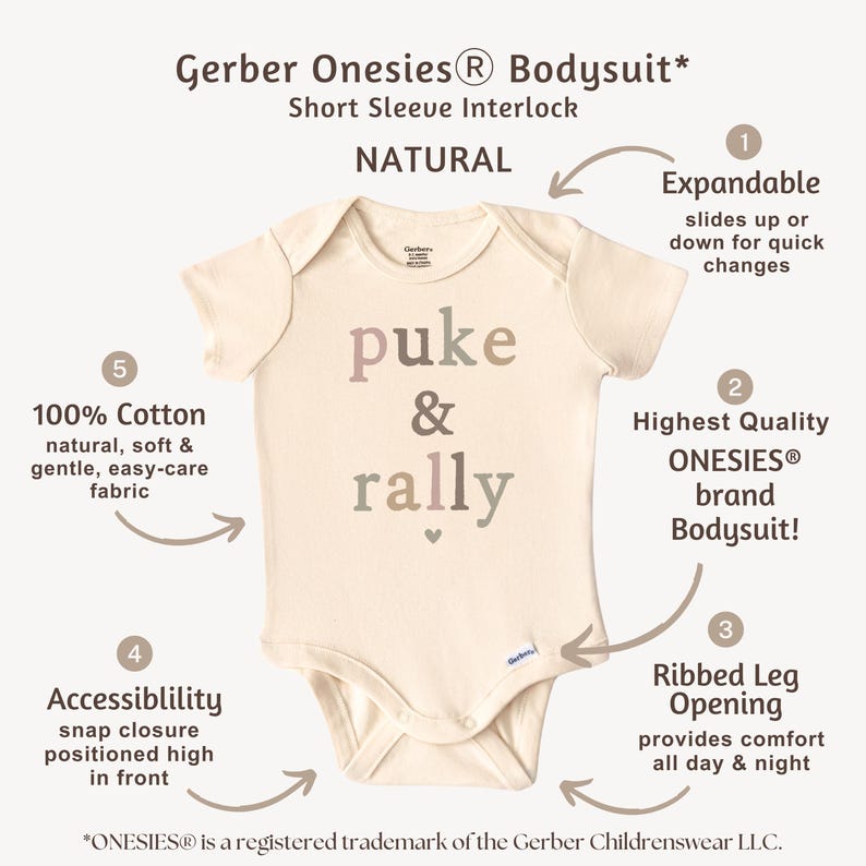 May include: A natural colored short-sleeve onesie with the text "puke & rally" printed on the front. The onesie is made of 100% cotton and has an expandable shoulder opening, ribbed leg opening, and a snap closure in the front.