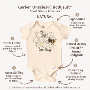 May include: A natural-colored Gerber Onesies bodysuit with short sleeves. The bodysuit features a bee and honeycomb graphic with the text "my 1st Bee-Day." Made of 100% cotton, it has an expandable design and snap closure.