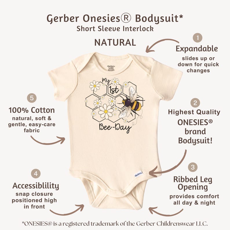 May include: A natural-colored Gerber Onesies bodysuit with short sleeves. The bodysuit features a bee and honeycomb graphic with the text "my 1st Bee-Day." Made of 100% cotton, it has an expandable design and snap closure.