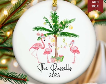 Flamingo Christmas Ornament, Tropical Christmas Ornament Personalized, Palm Tree Christmas Ornament, Custom Christmas Florida Ornament