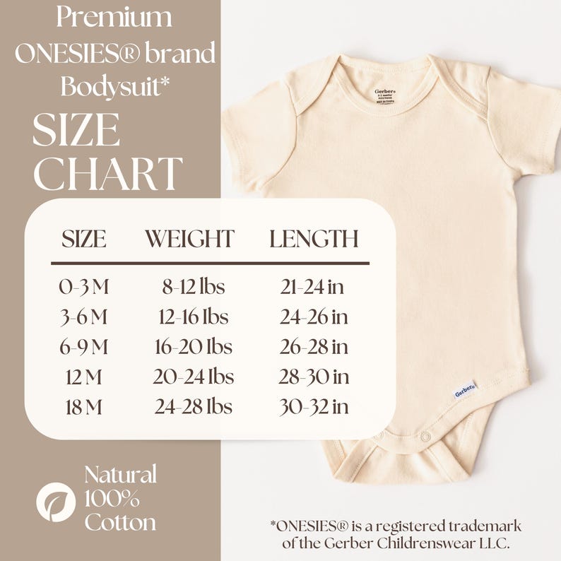 May include: Cream-colored baby bodysuit with a size chart. The chart lists sizes from 0-3 months to 18 months, with corresponding weight and length measurements in inches. The bodysuit is made of 100% natural cotton.