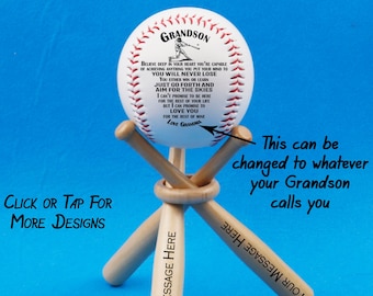 Grandson Baseball Gift & 3 Wooden Baseball Bat Stand with Engraved Message on Ball and Bats, Personalized, from Grandma, Grandpa or Both