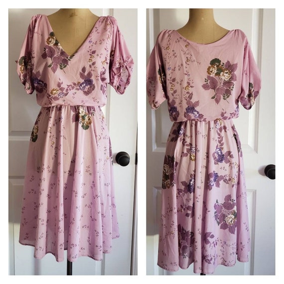 Vintage 70s Very Sheer Purple Floral Print Dress. - image 1