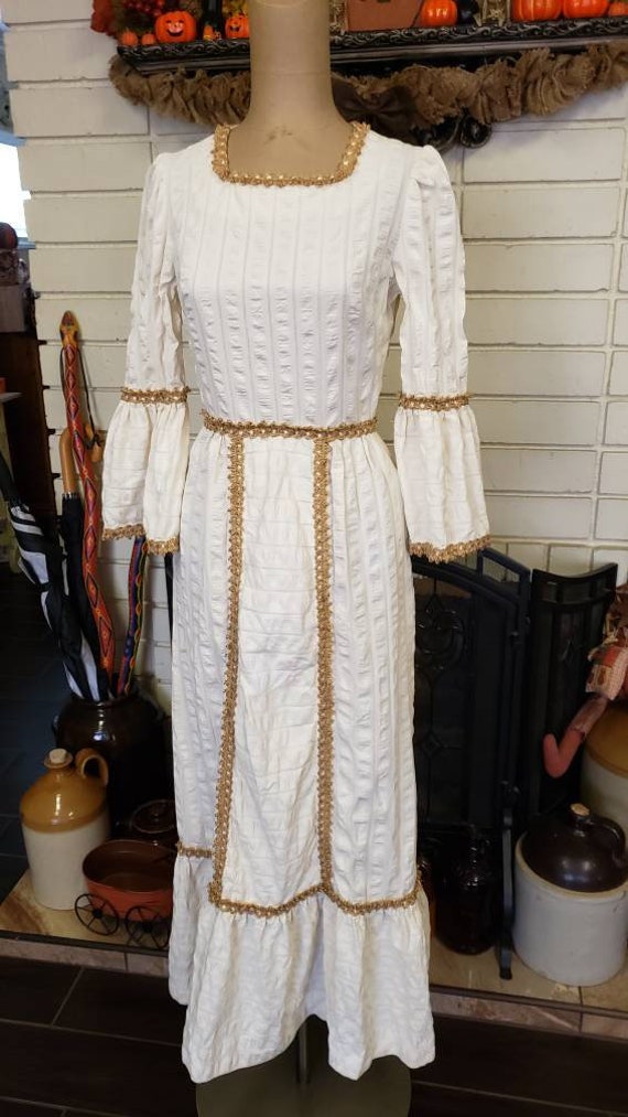 1970's Ivory Cotton Gauze Jute Trim Maxi Dress - image 2