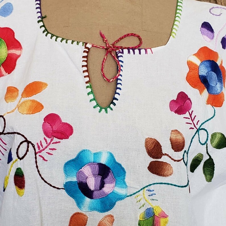 Mexican White Embroidered Blouse Peasant Tunic.