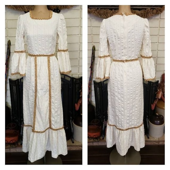 1970's Ivory Cotton Gauze Jute Trim Maxi Dress