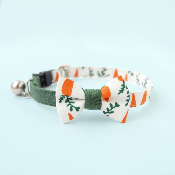 Fruity Bow Tie Cat Collar Set - "Carrots- Green" - Summer Cat Collar / Breakaway / two-tone , Unisex Cat / Cat,Kitten,Small Dog Size