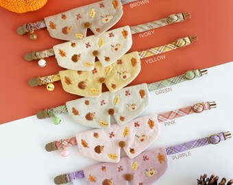 Autumn Hand embroidery collar set, free bell, Cat Collar, Breakaway cat collar, Safety cat collar, eco- friendly with natural dyed linen