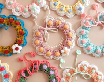 Crochet pet collar in the shape of a full moon, Decorated with crocheted flowers and tied with bow,6 colors Available for Cat and small dog