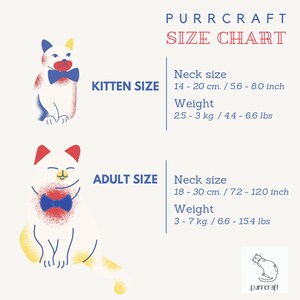 Puede incluir: Una tabla de tallas para collares de gato con ilustraciones de un gatito y un gato adulto con pajaritas. La tabla incluye medidas de tama&ntilde;o de cuello y peso en cent&iacute;metros y kilogramos para tama&ntilde;os de gatito y adulto. El texto "PURRCRAFT SIZE CHART" est&aacute; en la parte superior de la tabla.