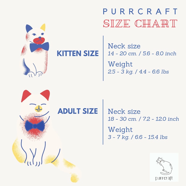 Puede incluir: Una tabla de tallas para collares de gato con ilustraciones de un gatito y un gato adulto con pajaritas. La tabla incluye medidas de tama&ntilde;o de cuello y peso en cent&iacute;metros y kilogramos para tama&ntilde;os de gatito y adulto. El texto "PURRCRAFT SIZE CHART" est&aacute; en la parte superior de la tabla.