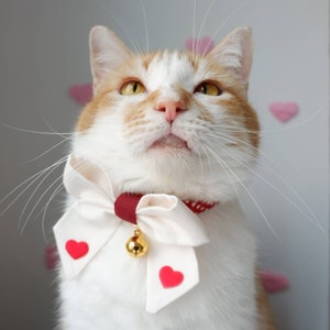 Valentine Cat Collar – Ivory Sailor Bowtie with Red Hearts, Safety Breakaway & Removable