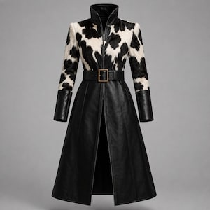 May include: A long coat featuring a black and white cow-print pattern on the upper bodice and sleeves, transitioning into a solid black lower section. The coat includes a high collar, a front zipper, and a black belt with a rectangular buckle.