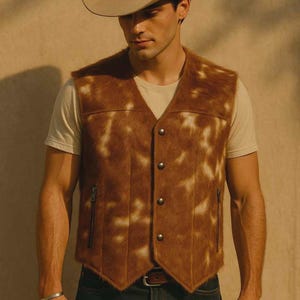 May include: A brown and white cowhide vest with a V-neck, button closure, and two zippered pockets. The vest is worn over a cream-colored t-shirt and paired with dark blue jeans and a brown belt. A tan cowboy hat completes the look.