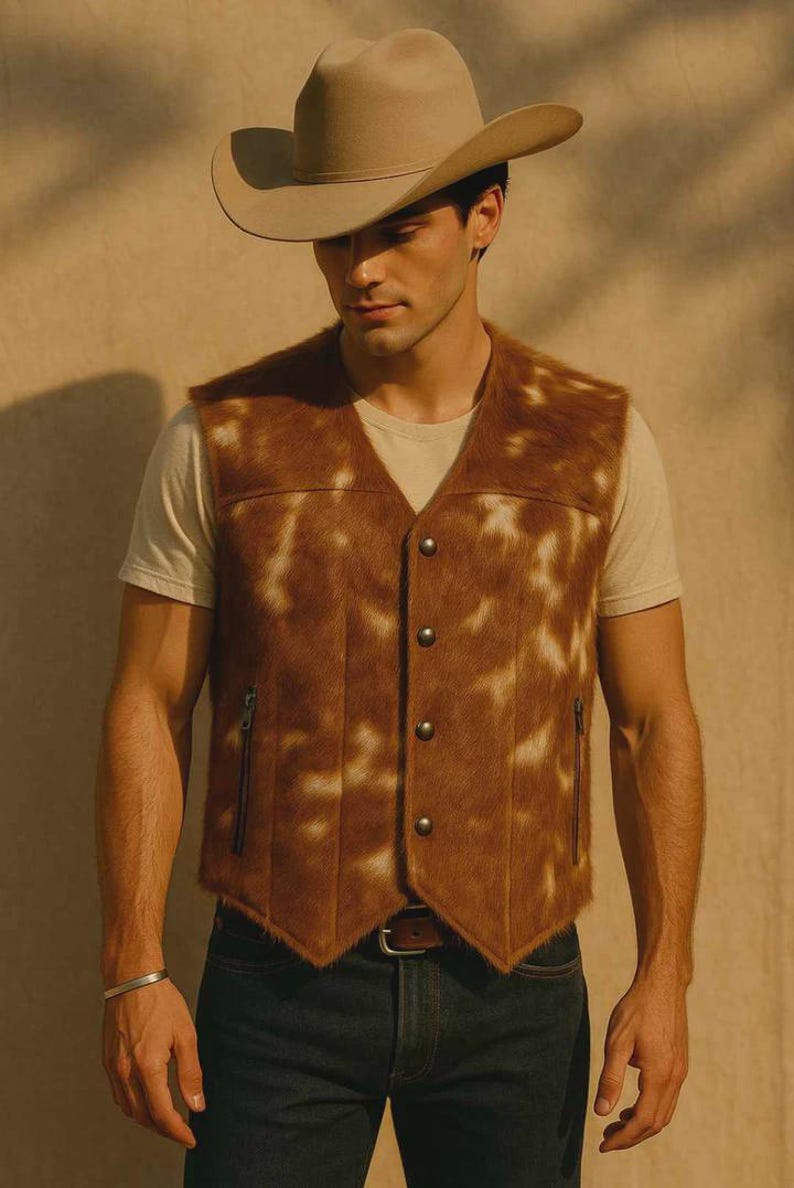 May include: A brown and white cowhide vest with a V-neck, button closure, and two zippered pockets. The vest is worn over a cream-colored t-shirt and paired with dark blue jeans and a brown belt. A tan cowboy hat completes the look.