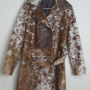 Handmade Genuine Cowhide Trench Coat Long Size – Real Hair-On Leather Duster – Western Long Coat